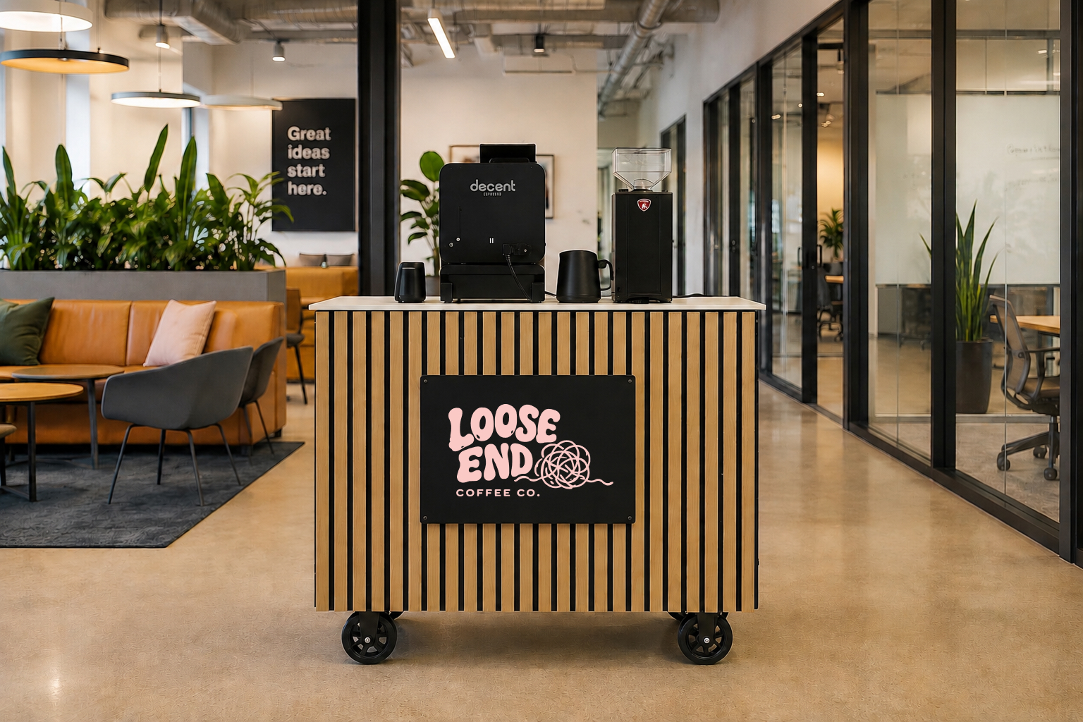 The Loose End coffee cart set up in a modern office workspace