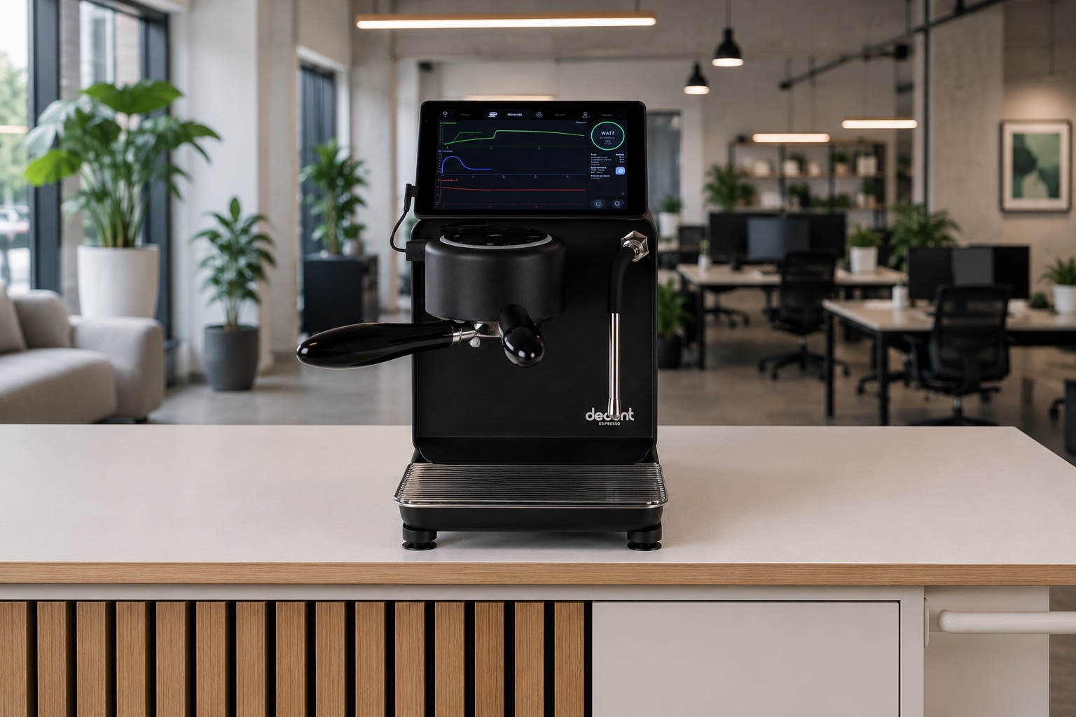 The Decent DE1 espresso machine on the cart, set up in an office