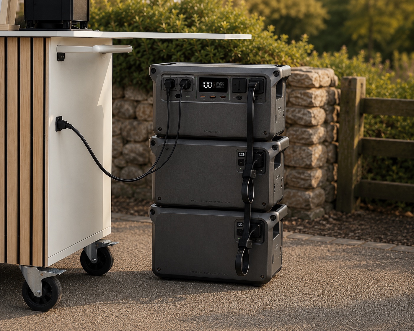 The stack of DJI Power batteries plugged into the Loose End cart, running it off-grid